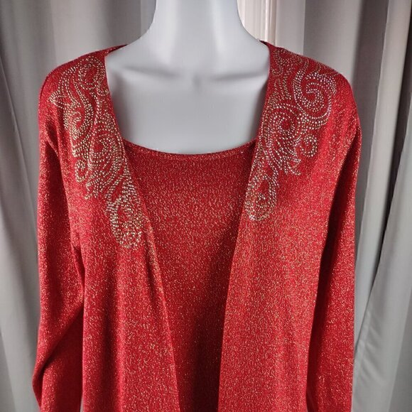Ruby Rd Women's Red Sweater Gold Sparkle One Piece Pullover Cardigan Size Large - Picture 2 of 12